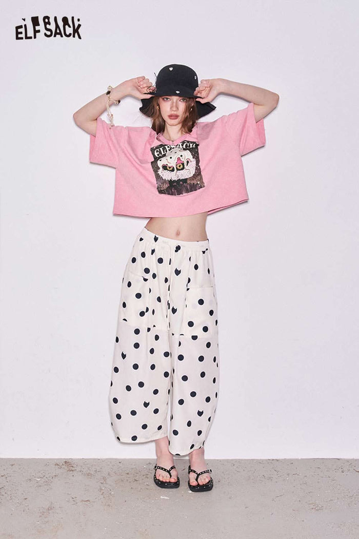 ELFSACK Monster Cat Print Crop T-Shirt
