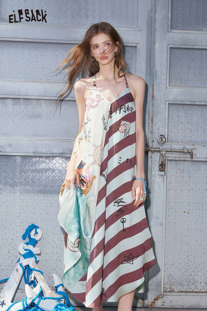 ELFSACK Nautical Print Asymmetrical Cami Maxi Dress