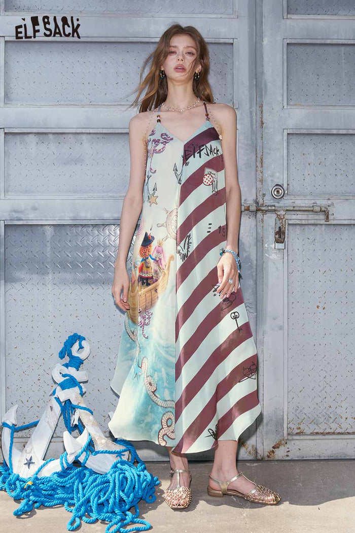 ELFSACK Nautical Print Asymmetrical Cami Maxi Dress