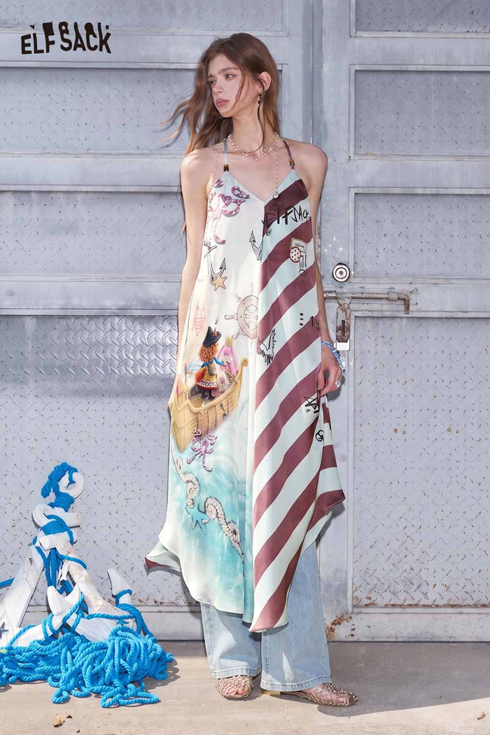 ELFSACK Nautical Print Asymmetrical Cami Maxi Dress