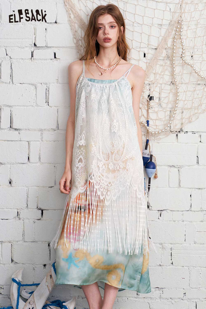 ELFSACK Nautical Print Double-Layer Mesh Cami Maxi Dress