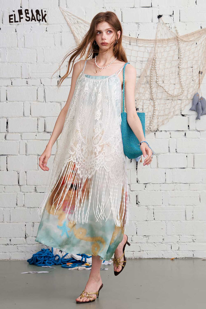 ELFSACK Nautical Print Double-Layer Mesh Cami Maxi Dress
