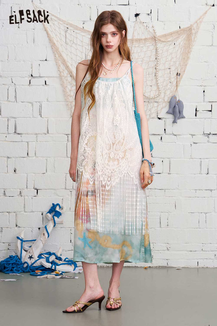ELFSACK Nautical Print Double-Layer Mesh Cami Maxi Dress