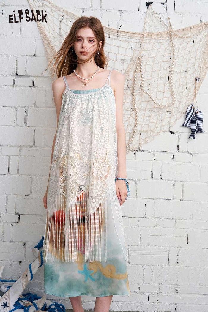 ELFSACK Nautical Print Double-Layer Mesh Cami Maxi Dress