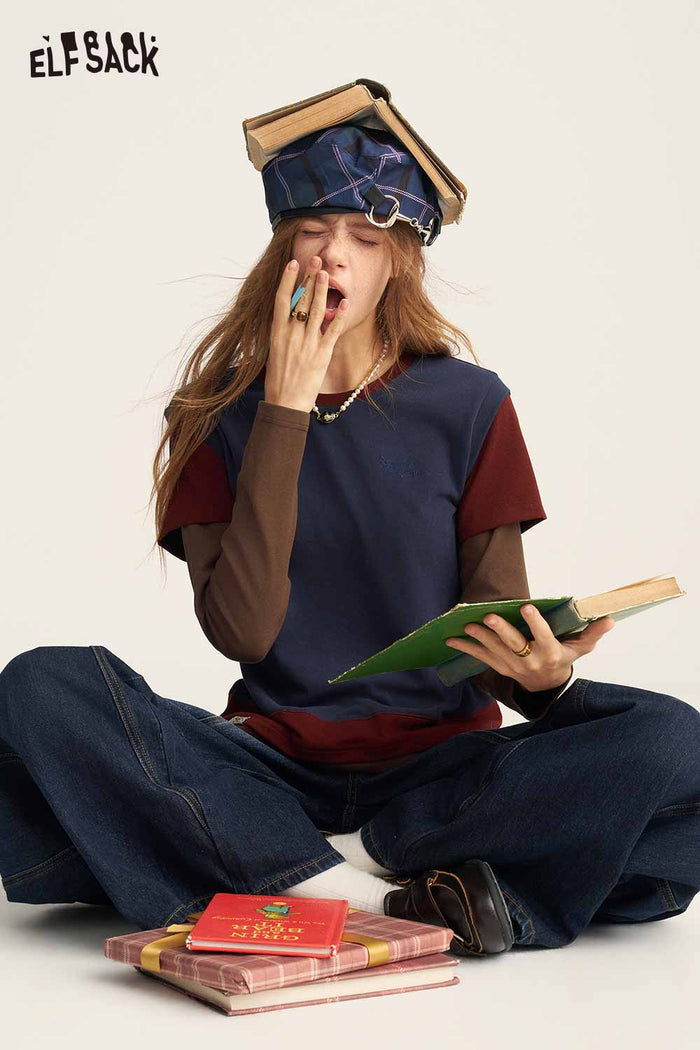 Navy Fake Two Piece Color Block Slim T Shirt