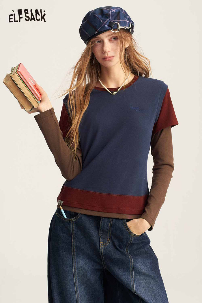 Navy Fake Two Piece Color Block Slim T Shirt