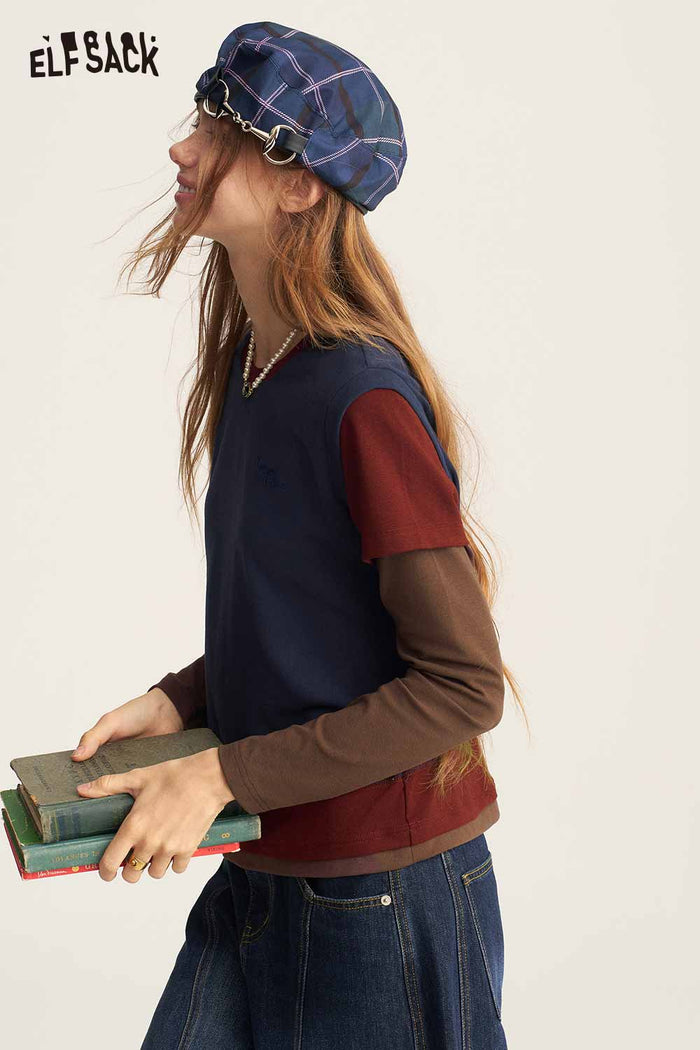 Navy Fake Two Piece Color Block Slim T Shirt