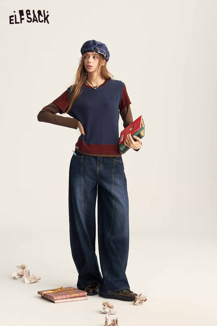 Navy Fake Two Piece Color Block Slim T Shirt