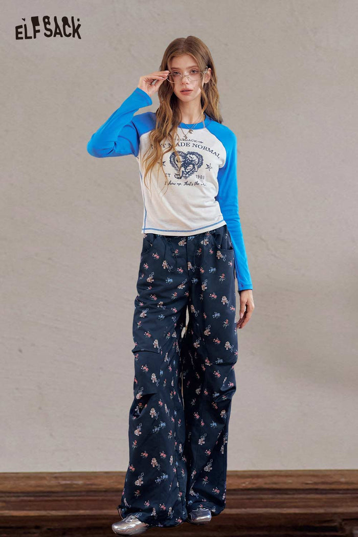 Navy Floral Pants with Ruched Design