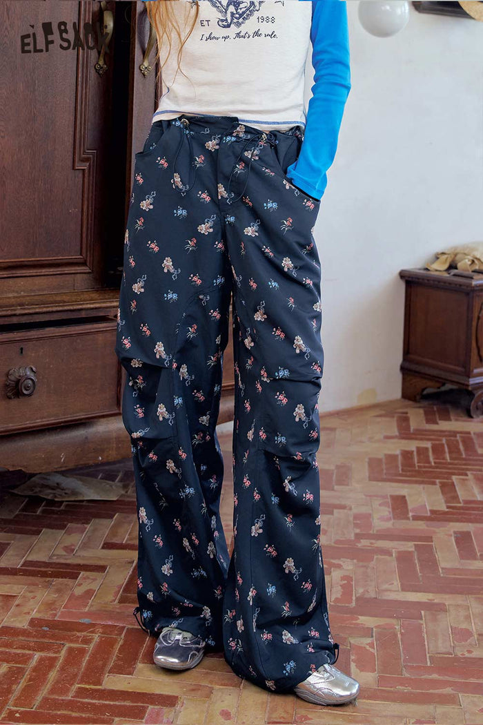 Navy Floral Pants with Ruched Design