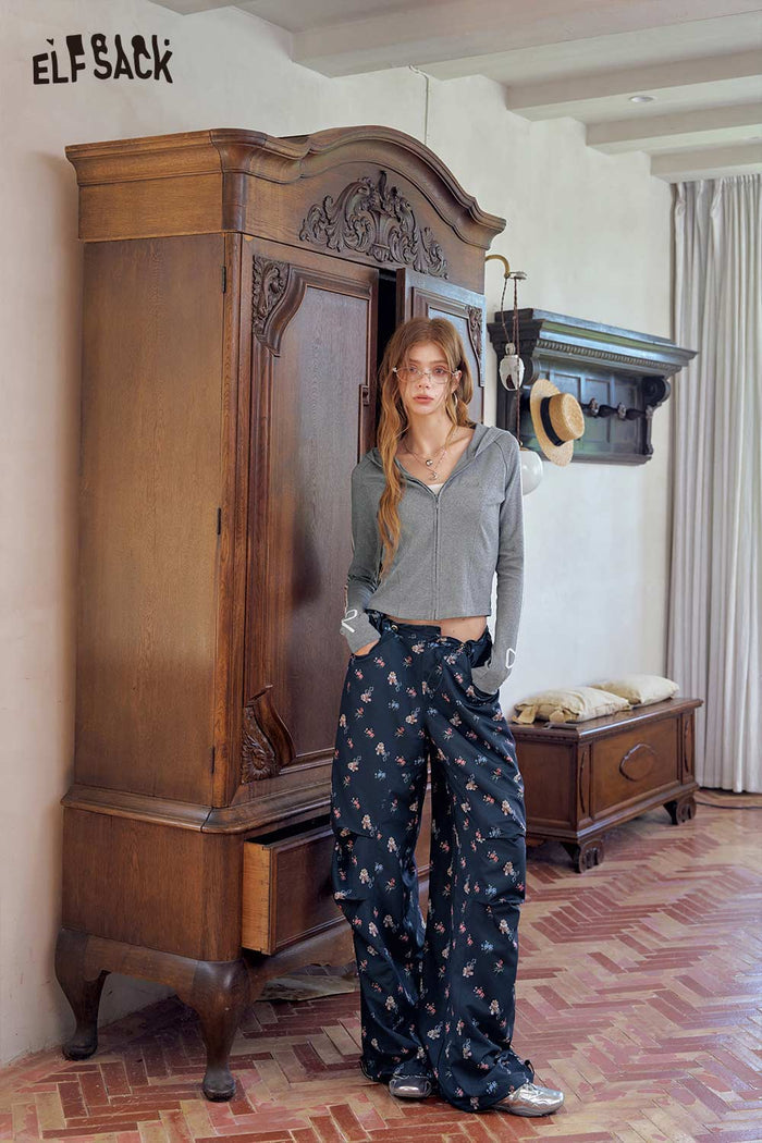 Navy Floral Pants with Ruched Design