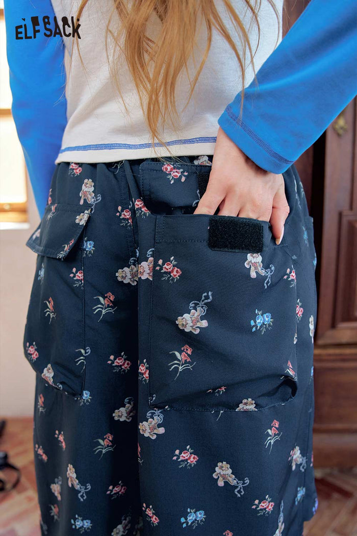 Navy Floral Pants with Ruched Design