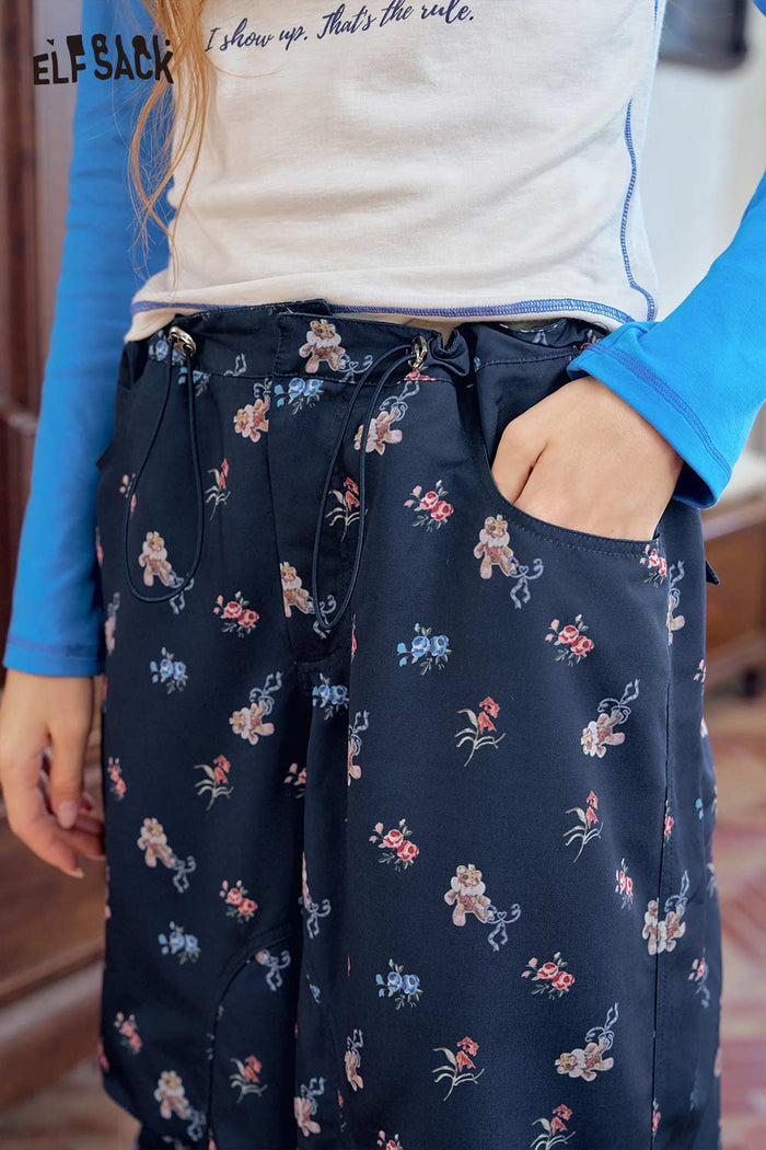 Navy Floral Pants with Ruched Design