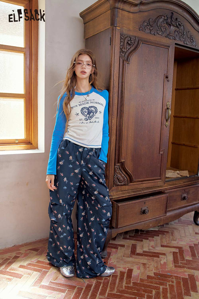 Navy Floral Pants with Ruched Design