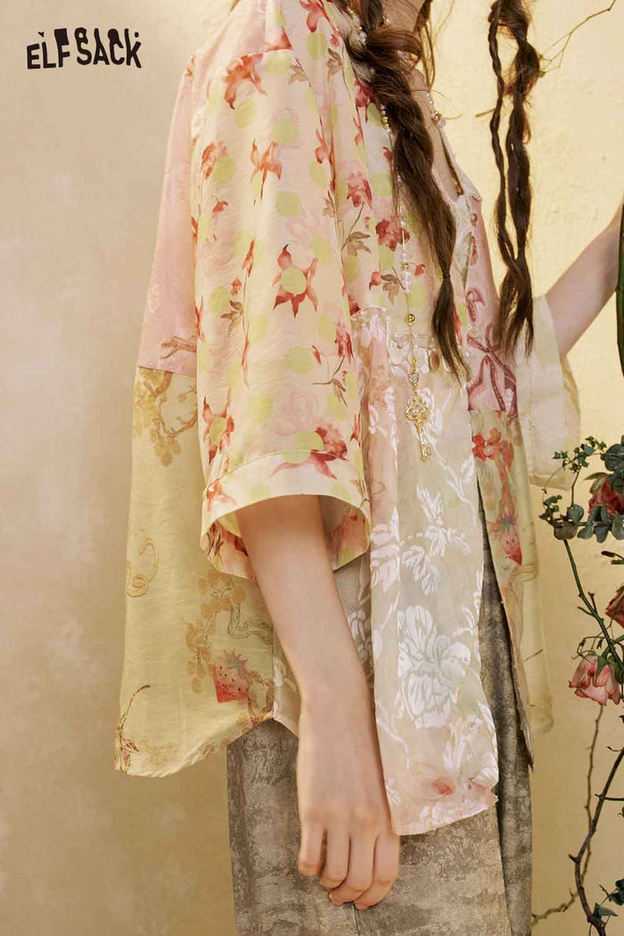 ELFSACK Patchwork Floral Kimono Blouse