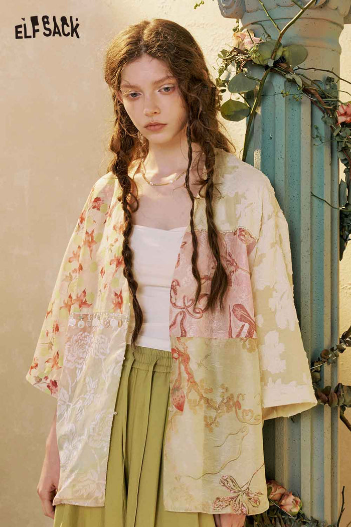 ELFSACK Patchwork Floral Kimono Blouse