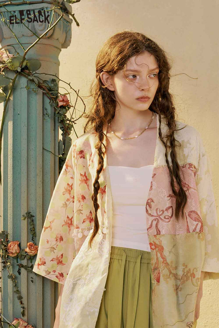 ELFSACK Patchwork Floral Kimono Blouse