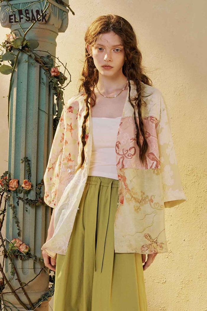ELFSACK Patchwork Floral Kimono Blouse