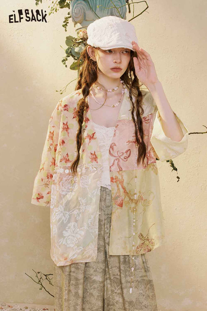 ELFSACK Patchwork Floral Kimono Blouse