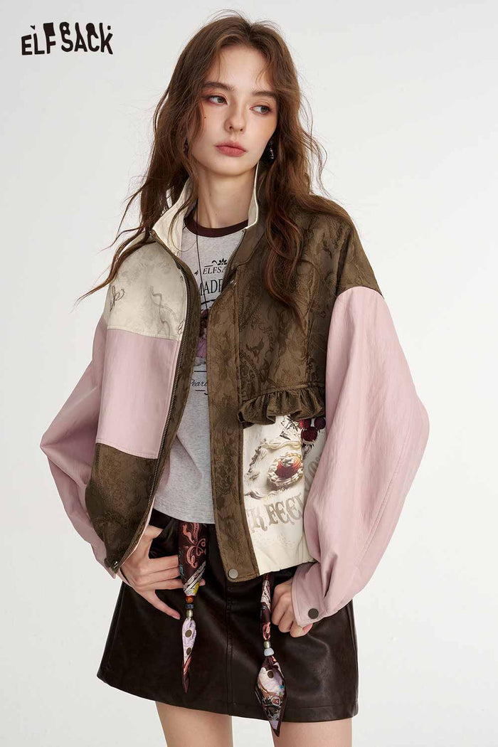 Neo-Chinese Floral Patchwork Bomber Jacket