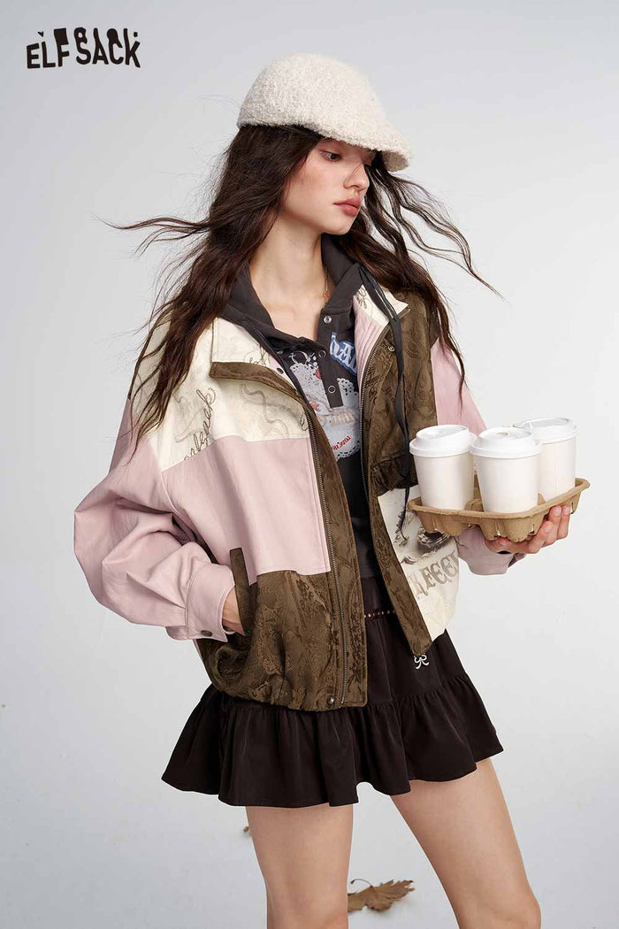 Neo-Chinese Floral Patchwork Bomber Jacket
