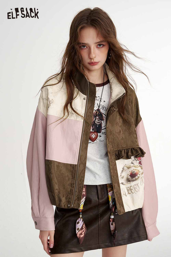 Neo-Chinese Floral Patchwork Bomber Jacket