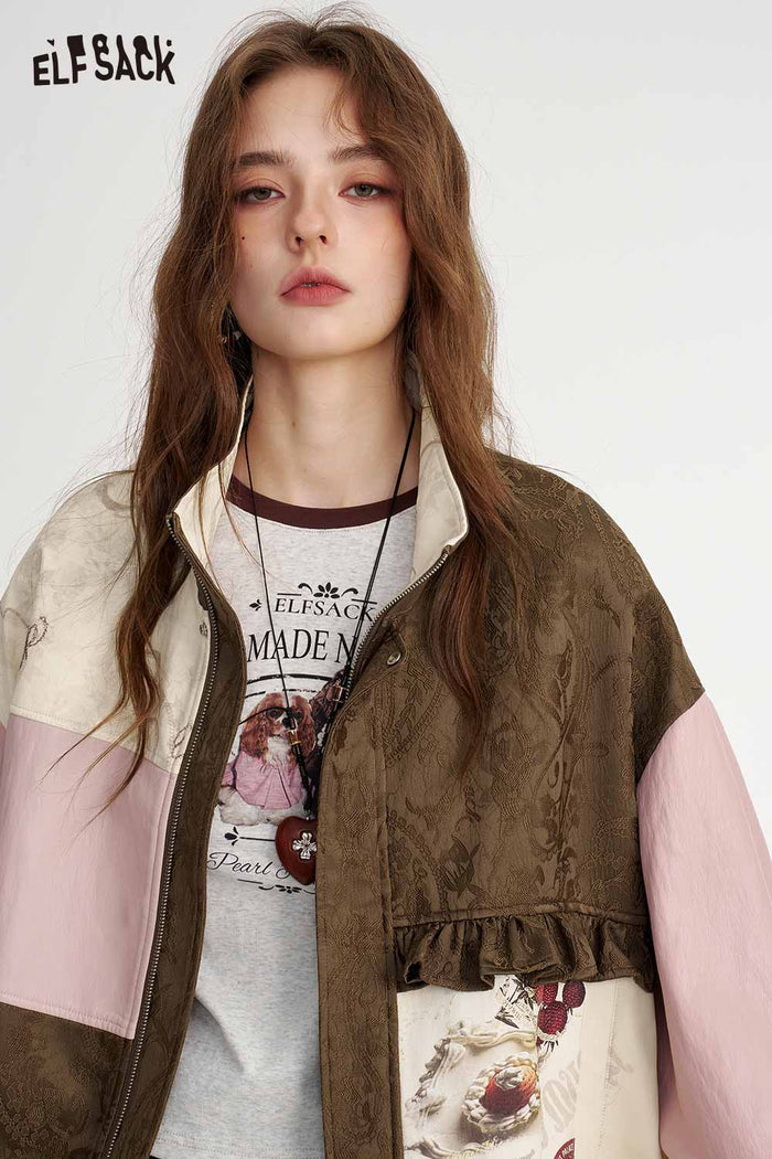 Neo-Chinese Floral Patchwork Bomber Jacket