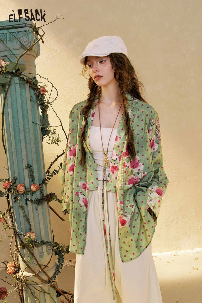Neo-Chinese Floral Polka Dot Loose Blouse