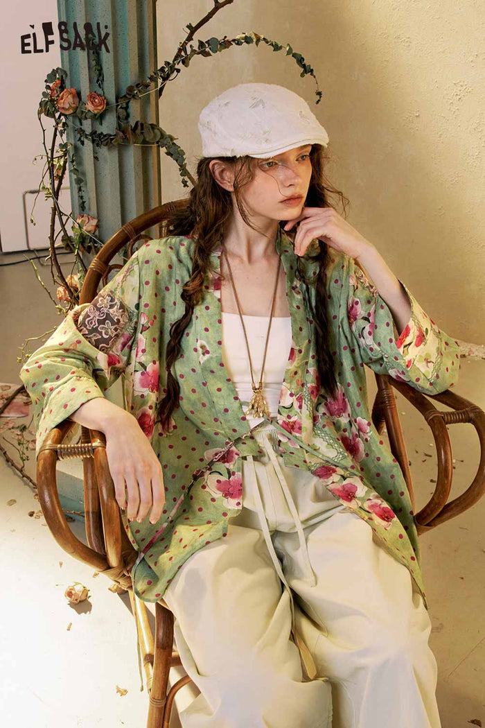 Neo-Chinese Floral Polka Dot Loose Blouse