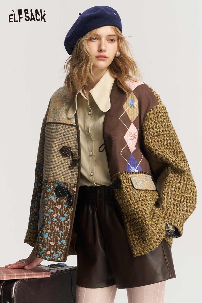 Neo Chinese Patchwork V Neck Frog Button Coat