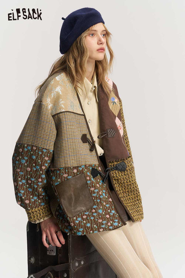 Neo Chinese Patchwork V Neck Frog Button Coat