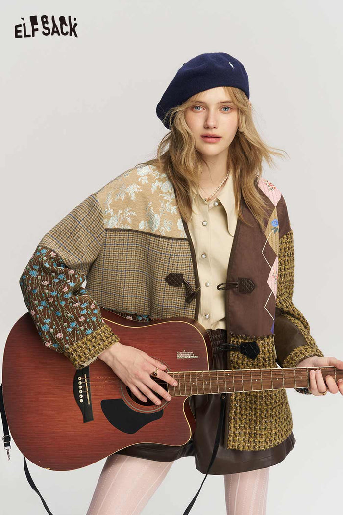 Neo Chinese Patchwork V Neck Frog Button Coat