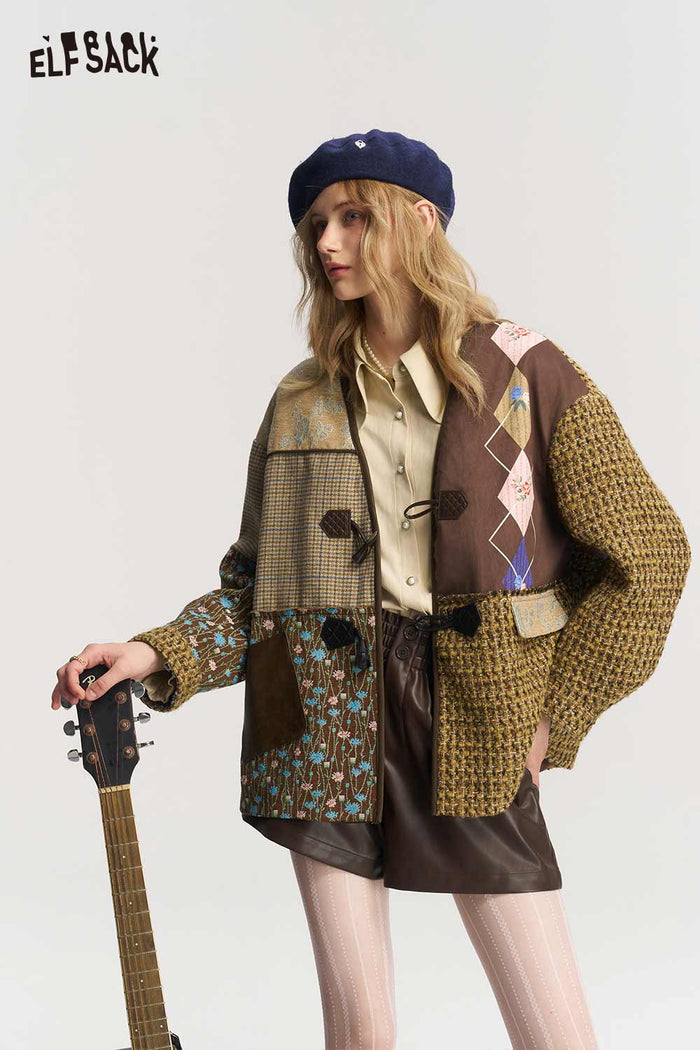 Neo Chinese Patchwork V Neck Frog Button Coat