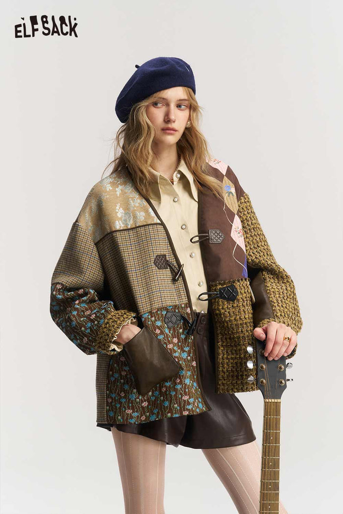 Neo Chinese Patchwork V Neck Frog Button Coat