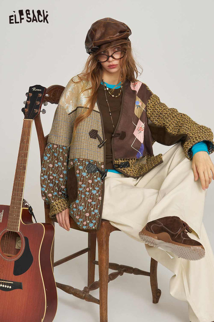 Neo Chinese Patchwork V Neck Frog Button Coat