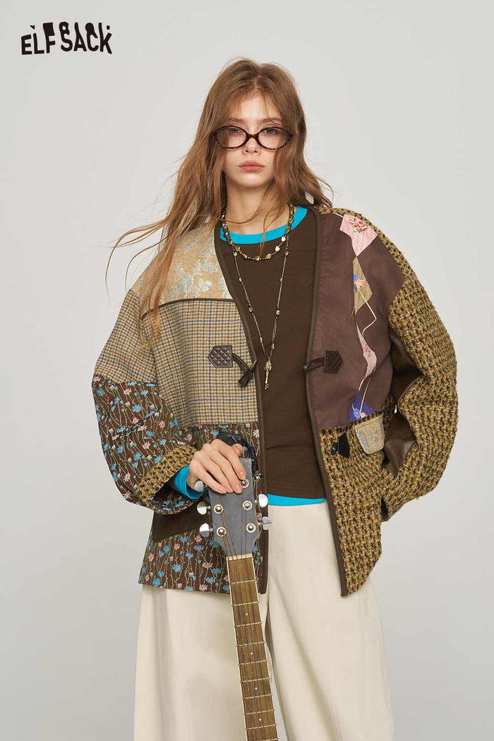 Neo Chinese Patchwork V Neck Frog Button Coat