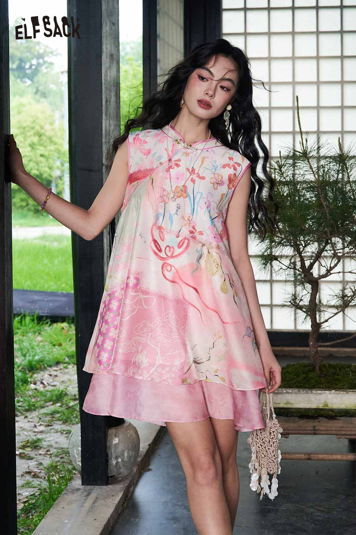 ELFSACK New Chinese Floral Print Chiffon Dress