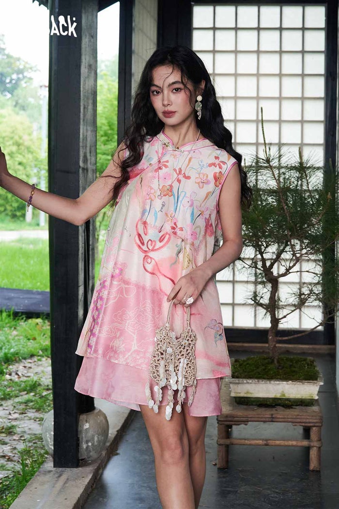 ELFSACK New Chinese Floral Print Chiffon Dress