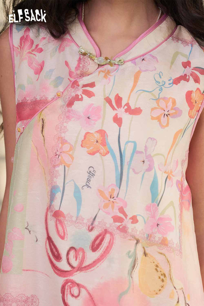 ELFSACK New Chinese Floral Print Chiffon Dress