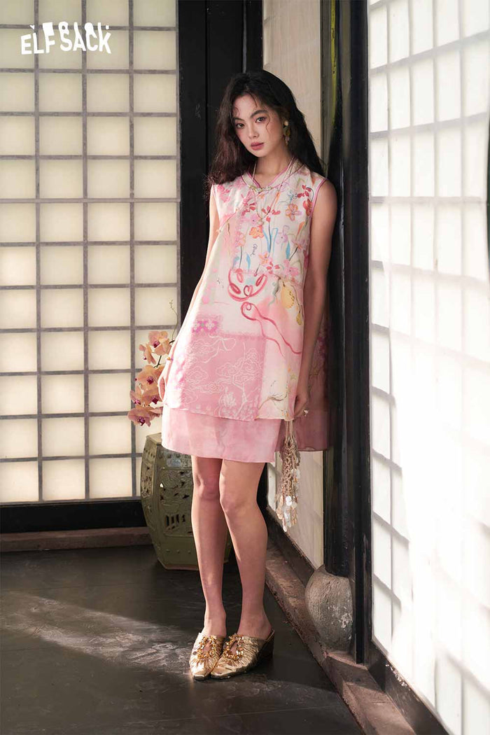 ELFSACK New Chinese Floral Print Chiffon Dress