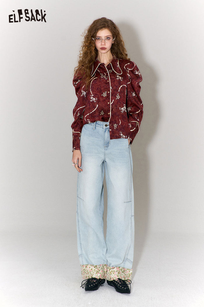 ELFSACK New Oriental Style Floral Hem Patch Straight Leg Jeans