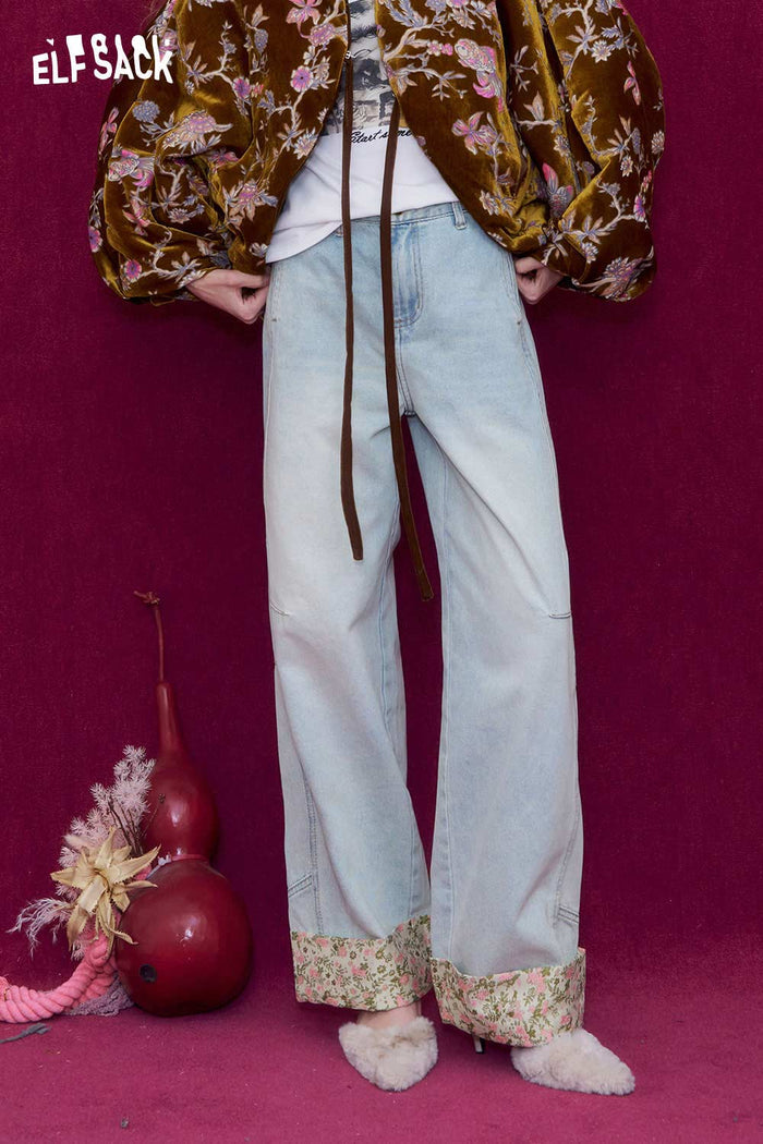 ELFSACK New Oriental Style Floral Hem Patch Straight Leg Jeans