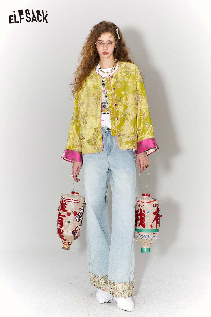 ELFSACK New Oriental Style Floral Hem Patch Straight Leg Jeans