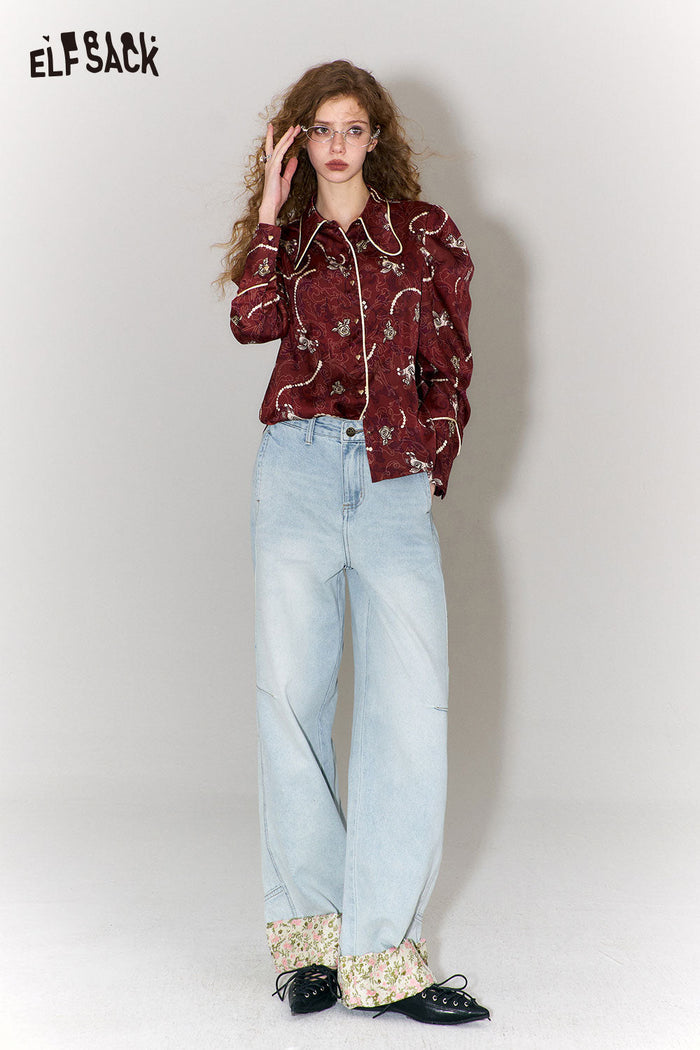 ELFSACK New Oriental Style Floral Hem Patch Straight Leg Jeans