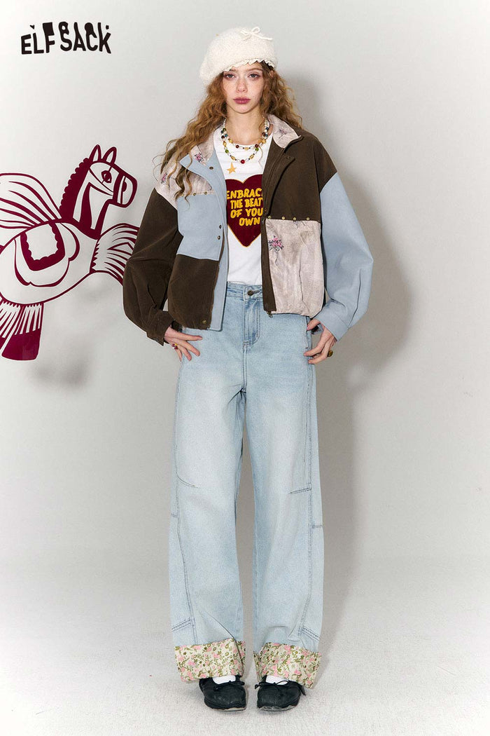 ELFSACK New Oriental Style Floral Hem Patch Straight Leg Jeans