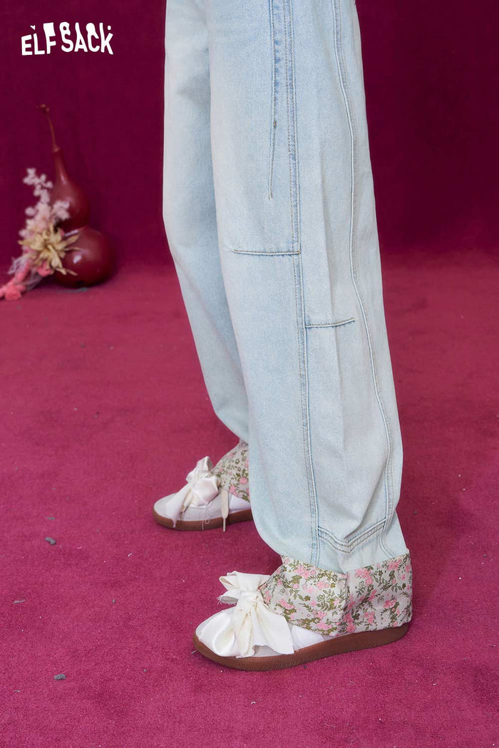ELFSACK New Oriental Style Floral Hem Patch Straight Leg Jeans