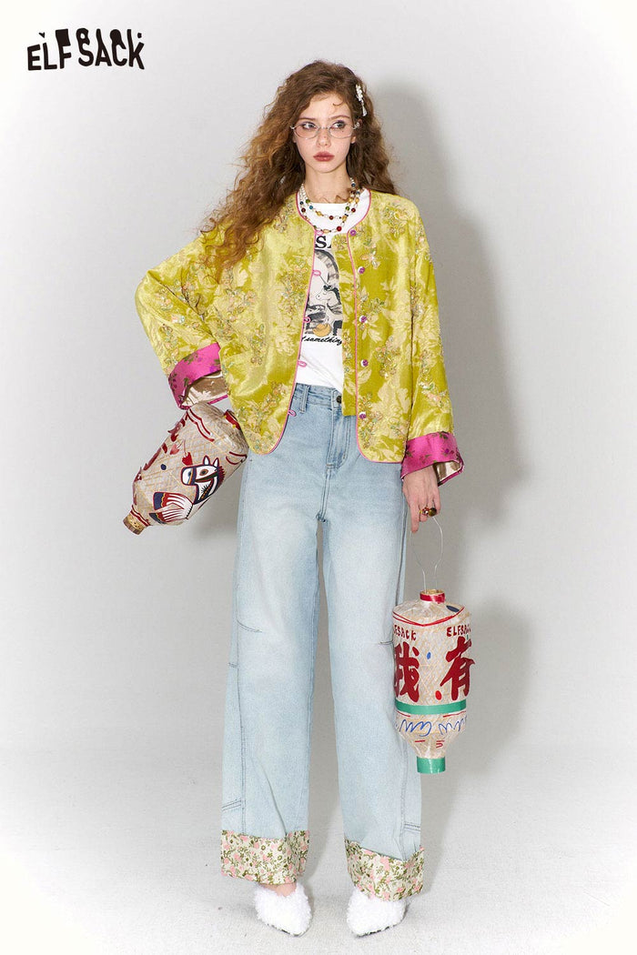 ELFSACK New Oriental Style Floral Hem Patch Straight Leg Jeans
