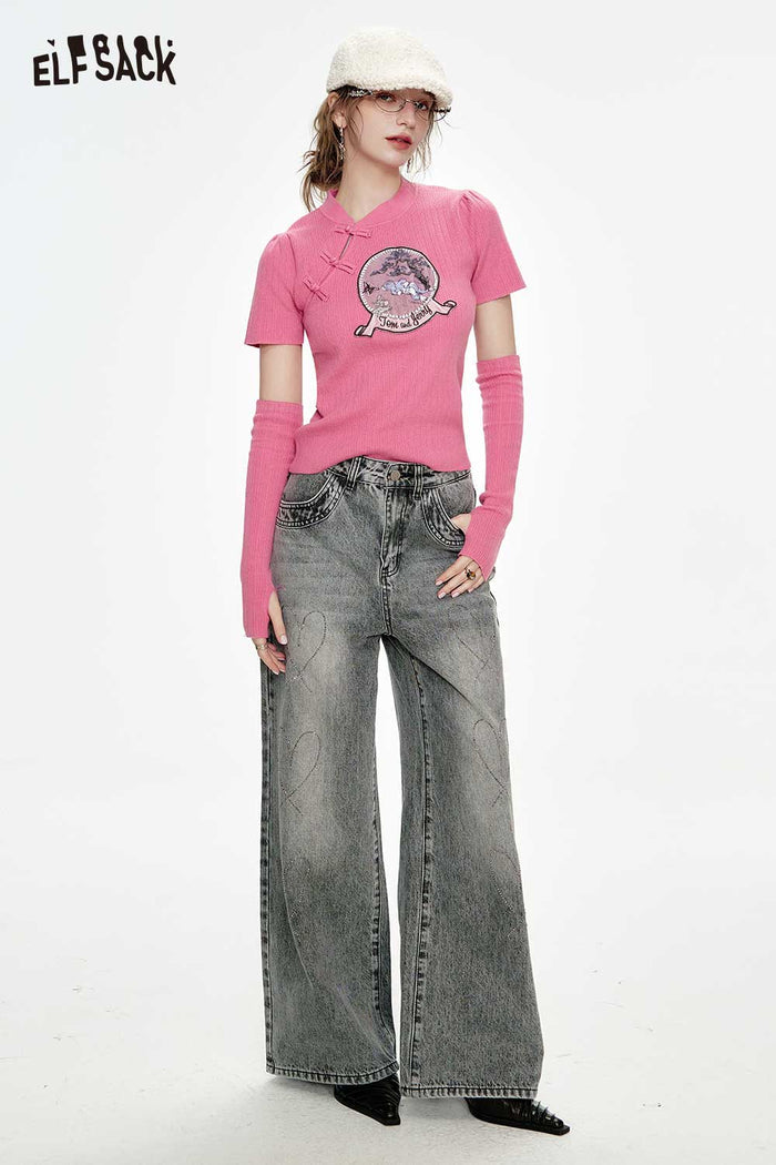 ELFSACK New Oriental Style Frog Button Graphic Knit Sweater