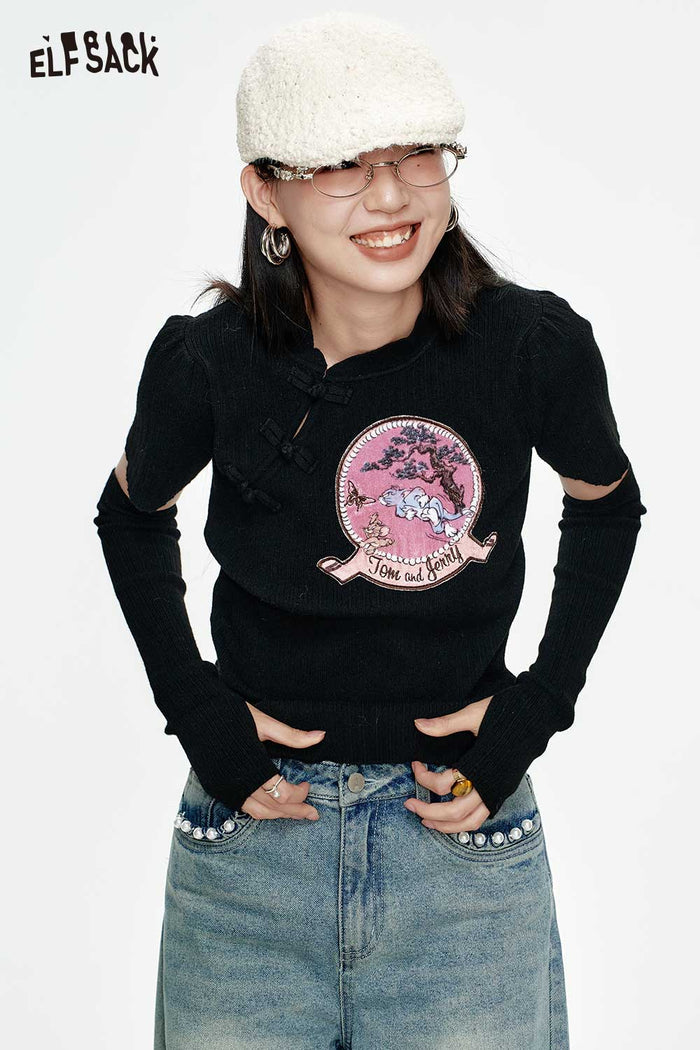 ELFSACK New Oriental Style Frog Button Graphic Knit Sweater