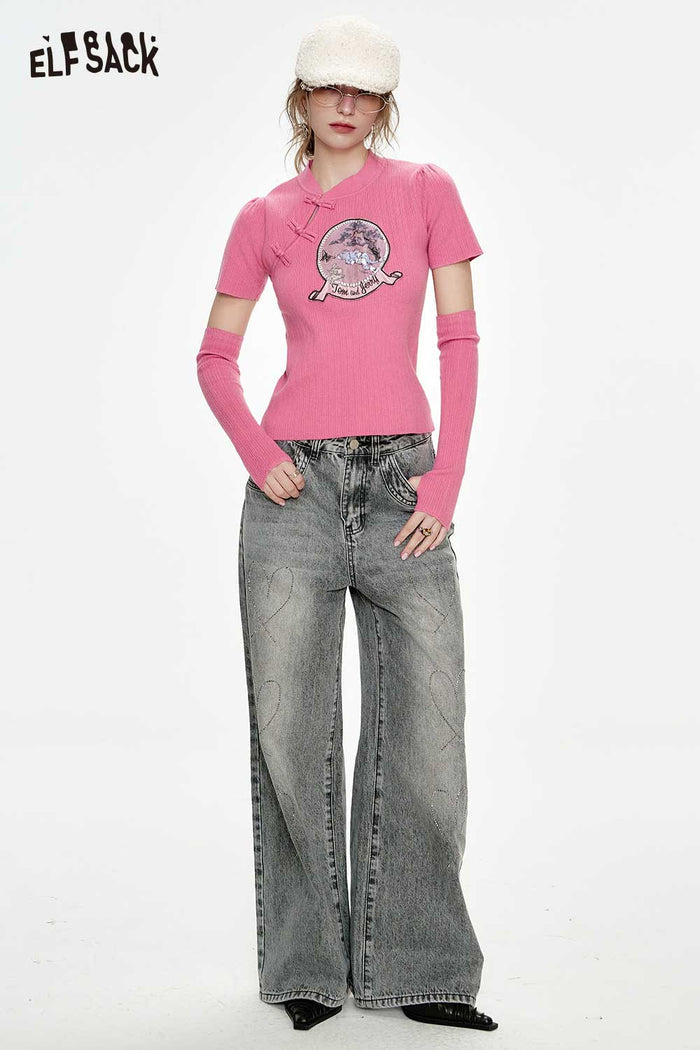 ELFSACK New Oriental Style Frog Button Graphic Knit Sweater